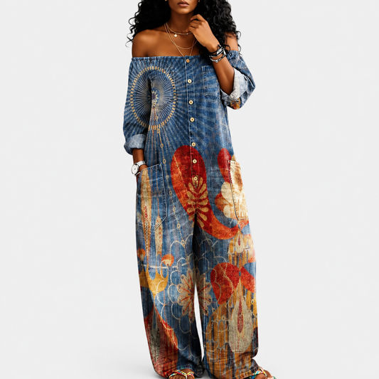 Salopette Boho Bleu Épaules Dénudées