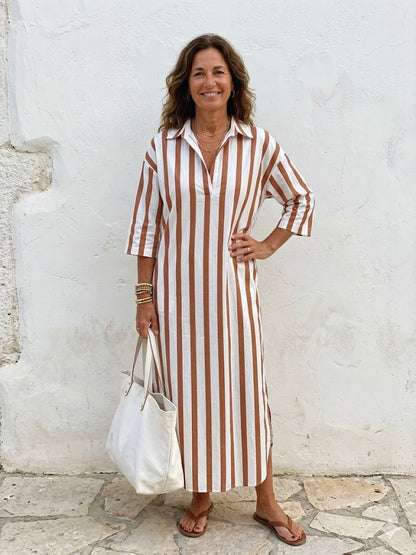 Naomi | Robe Chemise Midi à Manches Longues et Rayures