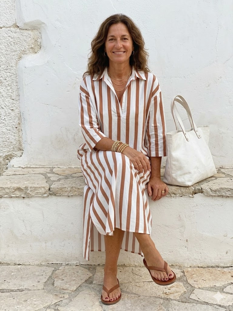 Naomi | Robe Chemise Midi à Manches Longues et Rayures