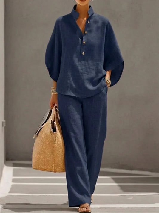 Éloise | Ensemble en lin à manches chauve-souris et pantalon large
